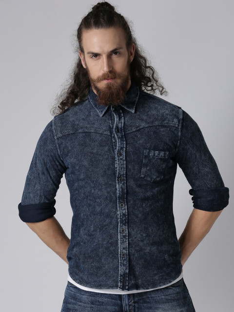 

YWC Men Blue Washed Chambray Knitted Casual Shirt