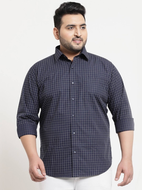 

plusS Men Plus Size Navy Blue Grid Tattersall Checked Casual Shirt