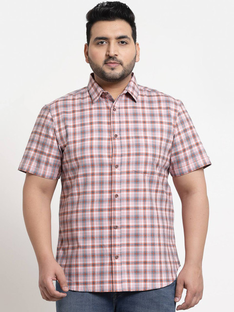 

plusS Plus Size Men Pink Tartan Checks Checked Cotton Casual Shirt