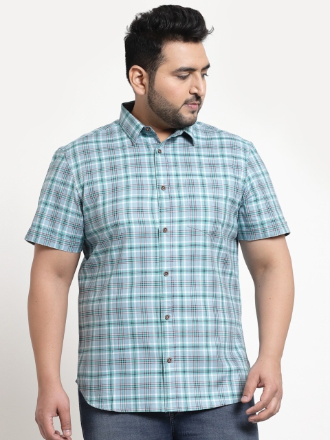 

plusS Plus Size Men Sea Green Tartan Checks Checked Cotton Casual Shirt