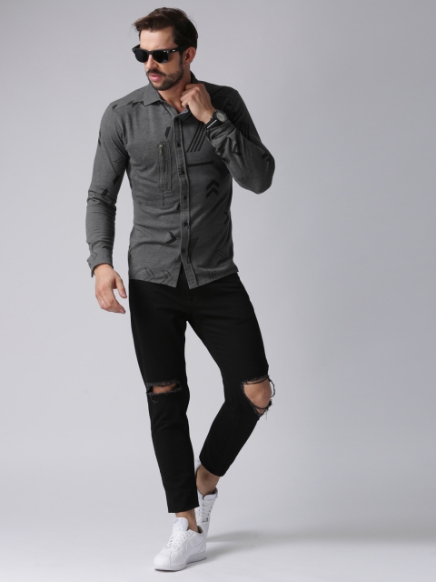 

YWC Men Grey Printed Knitted Casual Shirt