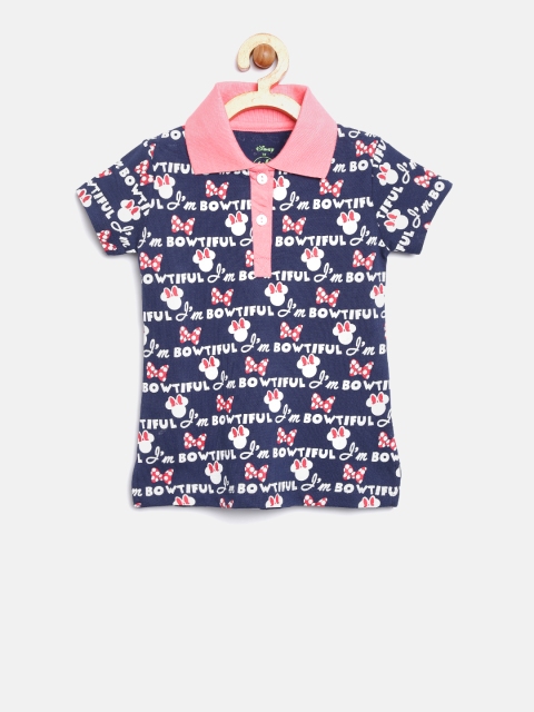 

YK Girls Navy Printed Polo Collar T-shirt, Navy blue