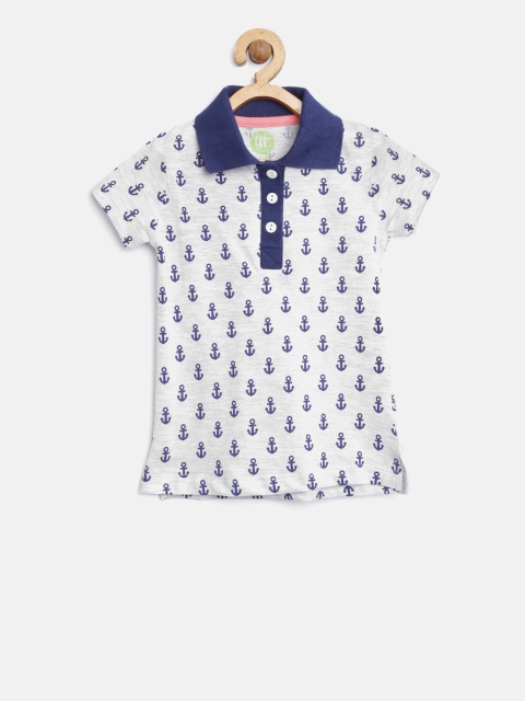 

YK Girls Grey Melange & Navy Printed Polo Collar T-shirt