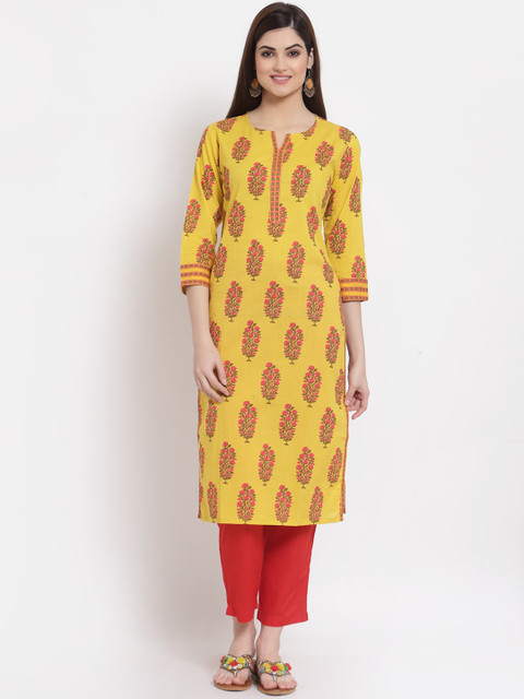 

Altiven Women Yellow & Pink Printed Cotton Kurta