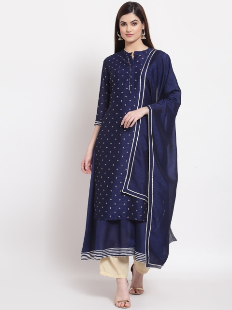 

Altiven Women Navy Blue Ethnic Motifs Embroidered Flared Sleeves Thread Work Kurta