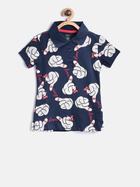

YK Disney Girls Blue & White Printed Polo Collar T-shirt