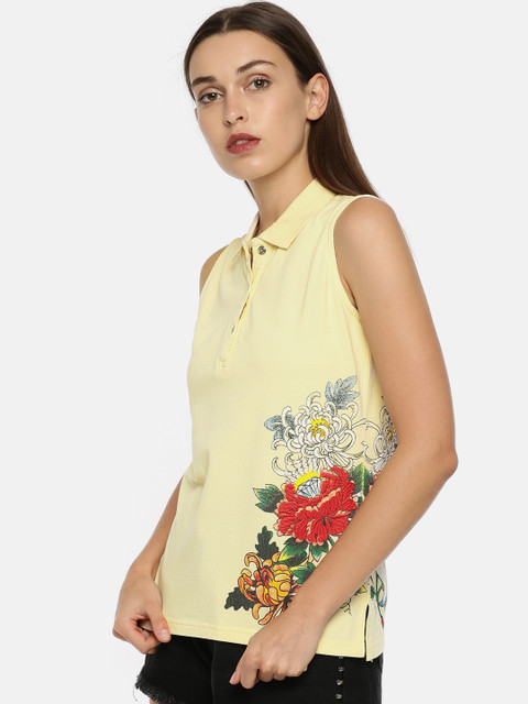 

Ed Hardy Women Yellow Printed Polo Collar T-shirt