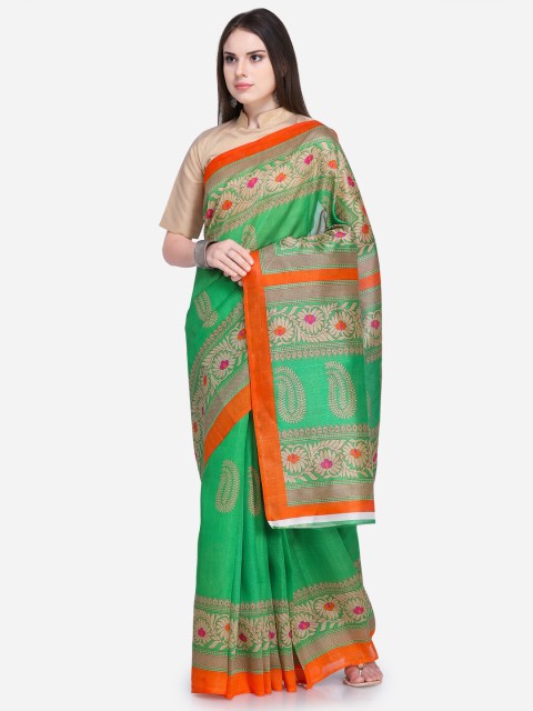 

Florence Green & Orange Ethnic Motifs Art Silk Saree