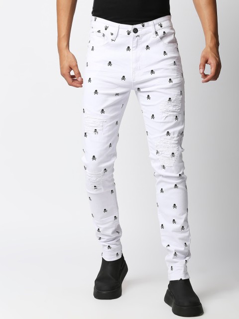

WAIMEA Men White Skinny Fit Highly Distressed Printed Stretchable Jeans