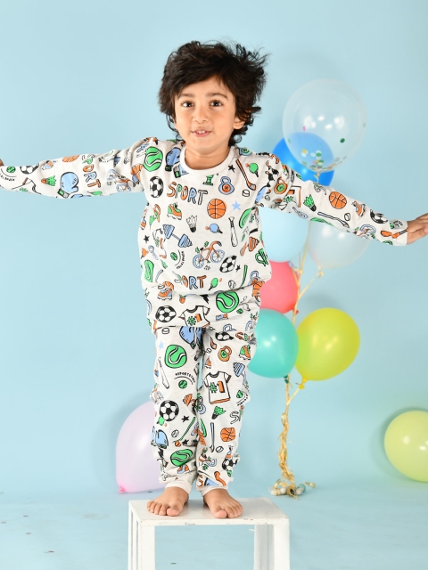 

Anthrilo Boys White & Green Printed Pure Cotton Night suit