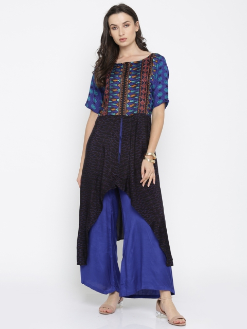 

Global Desi Blue & Black Printed Kurta with Palazzos
