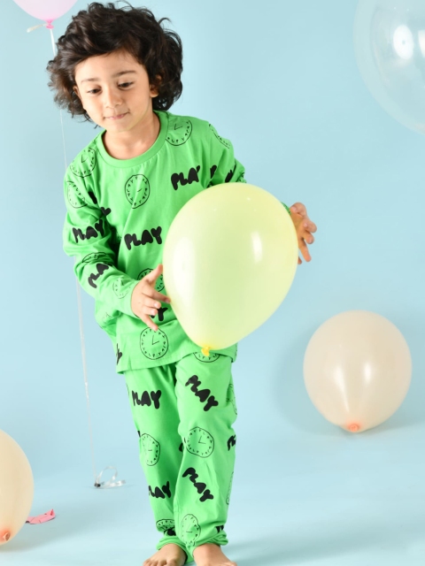 

Anthrilo Boys Green & Black Printed Pure Cotton Night suit