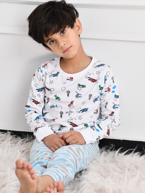 

Anthrilo Boys White & Blue Printed Pure Cotton Night suit