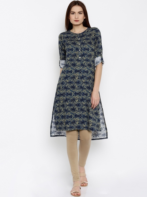 

Global Desi Women Navy & Khaki Printed A-Line Kurta, Navy blue