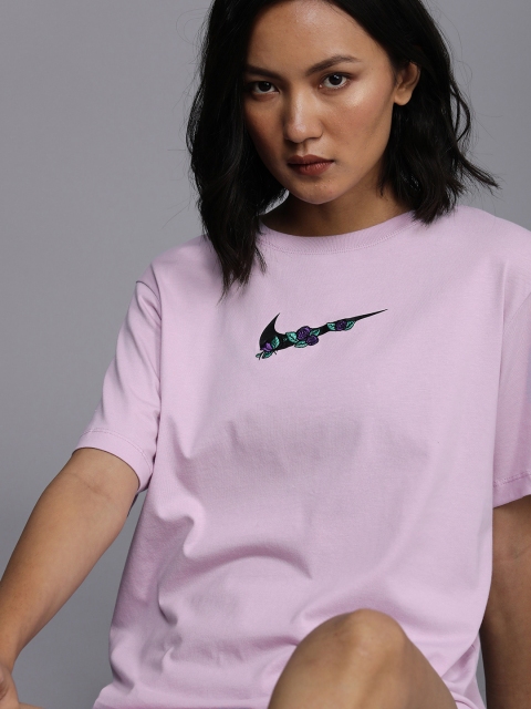 

Nike Women Purple & Black Brand Logo Embroidered Drop-Shoulder Sleeves Pure Cotton Top