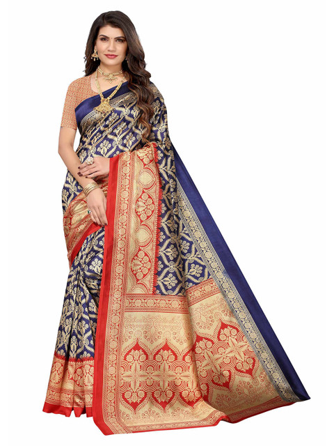 

AADVIKA Navy Blue & Red Woven Design Art Silk Saree