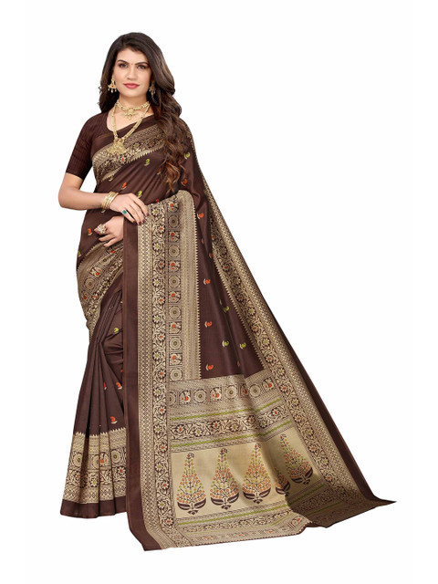 

AADVIKA Coffee Brown & Golden Ethnic Motifs Art Silk Saree