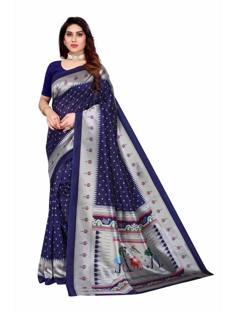 

AADVIKA Navy Blue & Silver-Coloured Ethnic Motifs Art Silk Saree