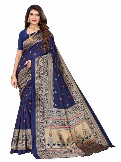 

AADVIKA Navy Blue & Pink Floral Mysore Silk Saree
