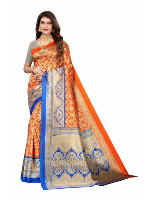 AADVIKA Women Orange Ethnic Motifs Print Mysore Silk Saree