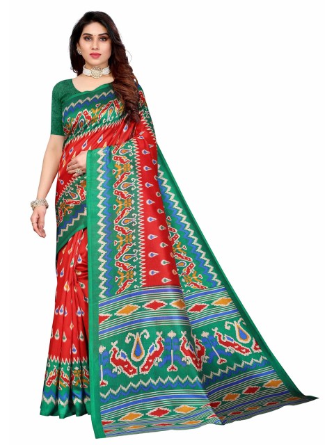 

AADVIKA Red & Green Ethnic Motifs Art Silk Saree