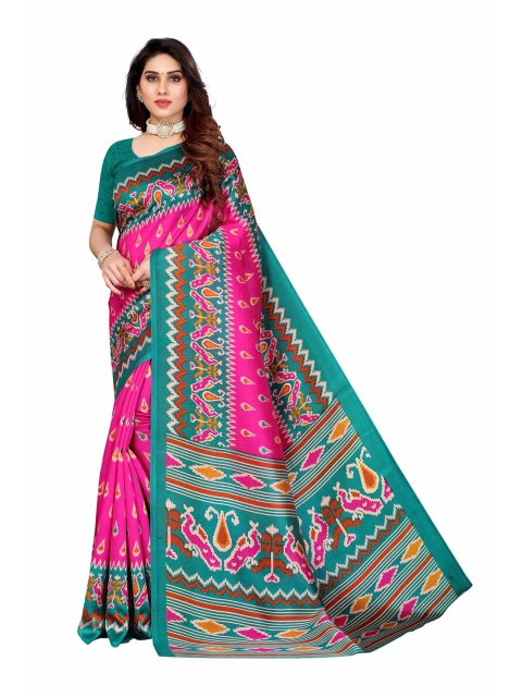 

AADVIKA Pink & Teal Floral Mysore Silk Saree