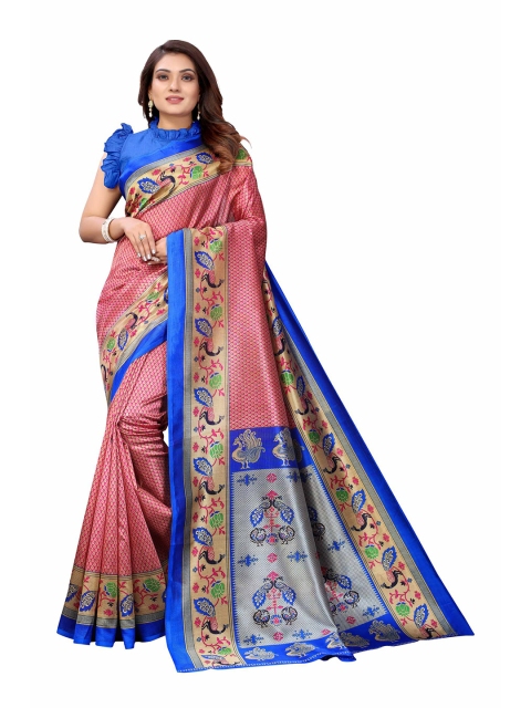 

AADVIKA Pink & Blue Ethnic Motifs Art Silk Saree