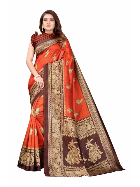 

AADVIKA Brown & Orange Ethnic Motifs Art Silk Mysore Silk Saree