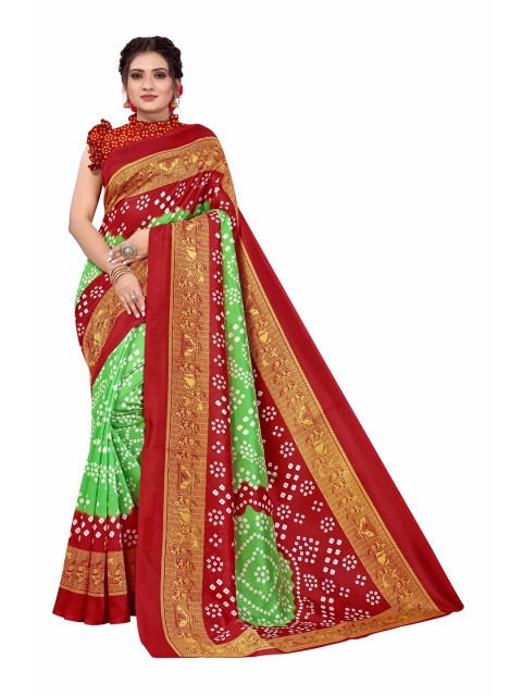 

AADVIKA Maroon & Green Bandhani Art Silk Mysore Silk Saree