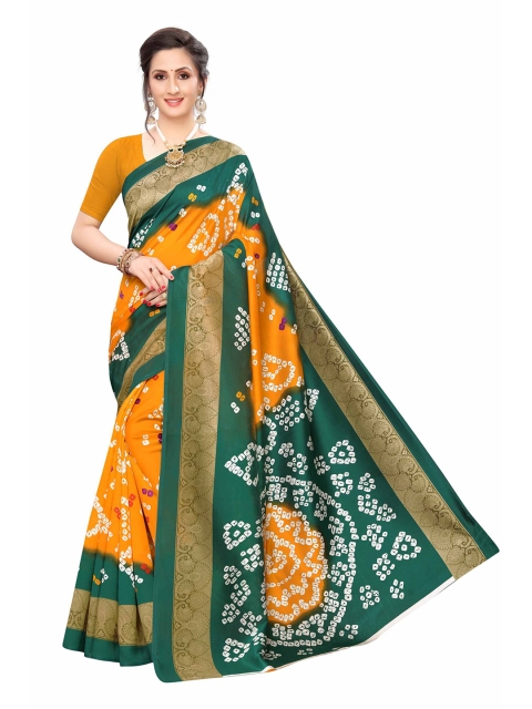 

AADVIKA Women Yellow & Green Bandhani Print Mysore Silk Saree
