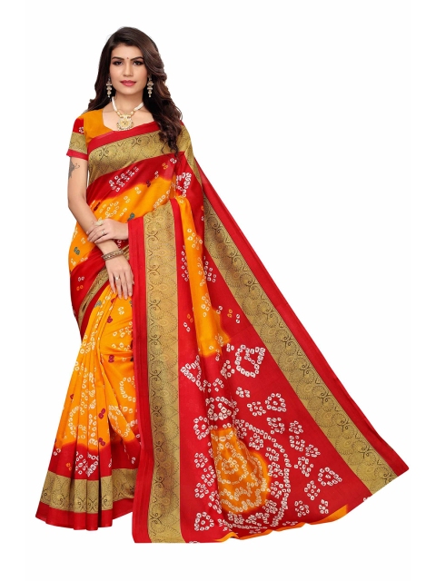 

AADVIKA Mustard & Red Bandhani Art Silk Saree