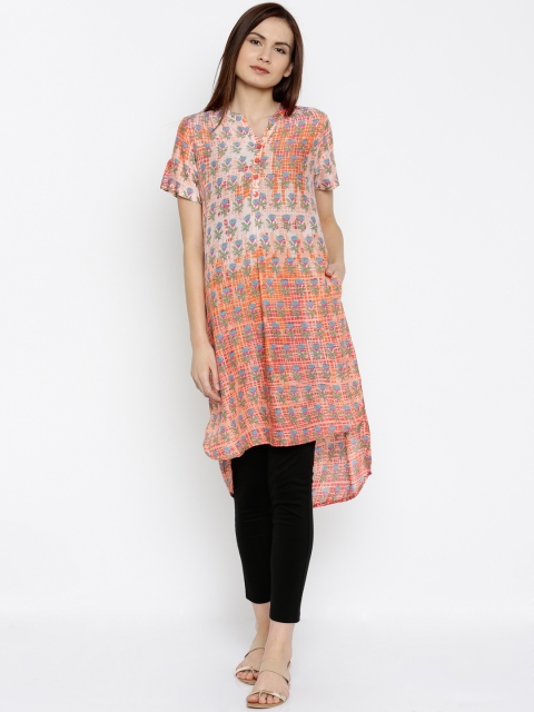 Global Desi Women Orange Printed High-Low Kurta available at myntra for Rs.639