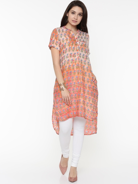 

Global Desi Women Coral Orange Printed High-Low Kurta