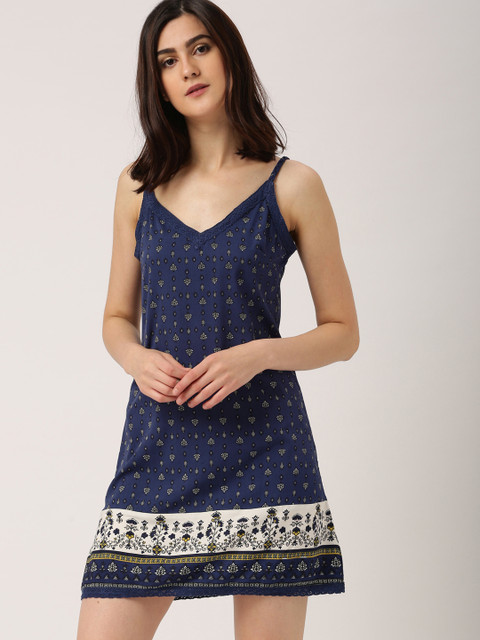

all about you Women Navy Blue Printed A-Line Slip Dress