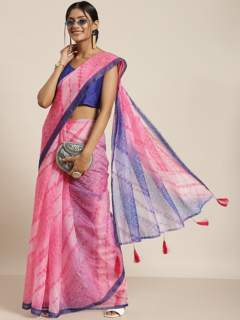 

Sangria Pink & Blue Bandhani Organza Saree