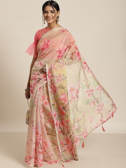 

Sangria Beige & Pink Floral Print Organza Saree
