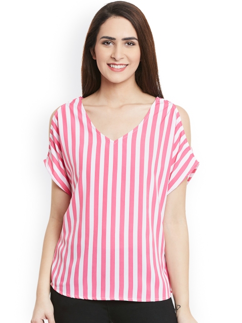

Ruhaans Pink & White Candy Stripe Cold-Shoulder Top