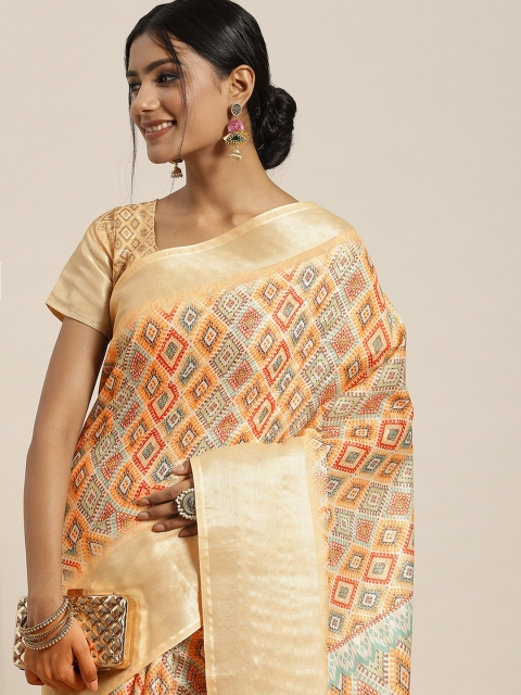 

Sangria Beige & Rust Red Geometric Printed Silk Blend Saree