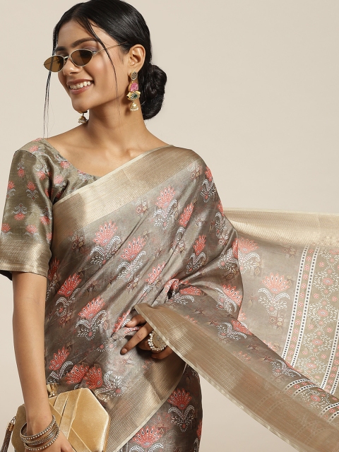 

Sangria Green & Orange Floral Printed Saree