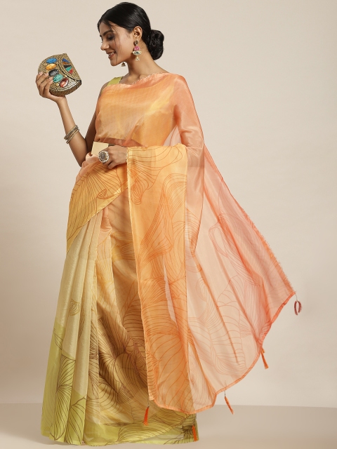 

Sangria Yellow & Brown Abstract Print Organza Saree