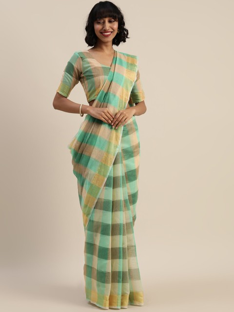 

SAADHVI Green & Cream-Coloured Checked Pure Cotton Saree
