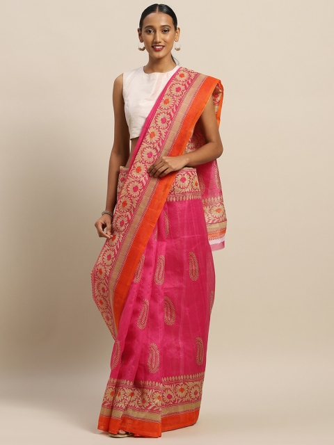 

SAADHVI Pink & Orange Floral Art Silk Saree