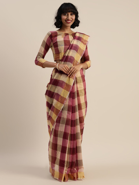 

SAADHVI Mustard & Cream-Coloured Checked Pure Cotton Saree