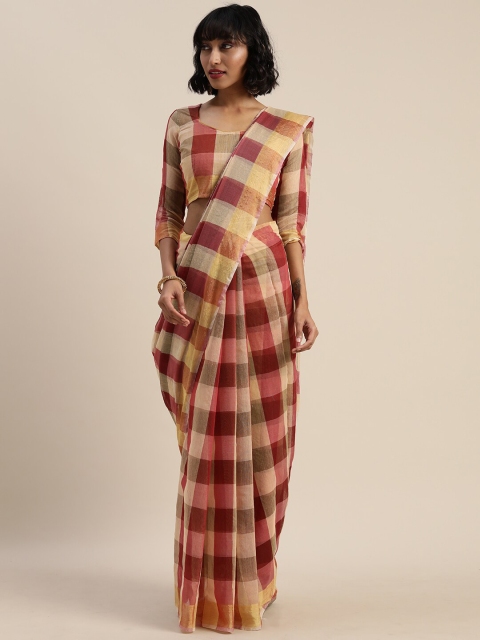 

SAADHVI Beige & Maroon Checked Pure Cotton Saree