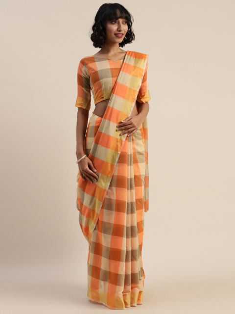 

SAADHVI Orange & Beige Checked Pure Cotton Saree