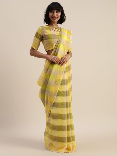 

SAADHVI Yellow & Green Checked Pure Cotton Saree