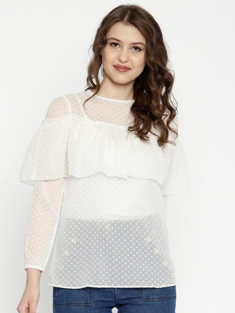 

SASSAFRAS Women Off-White Swiss Dot Layered Sheer Top