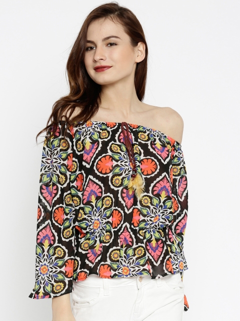 

SASSAFRAS Women Black Printed Bardot Top