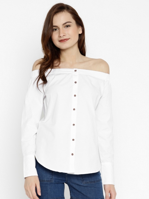 

SASSAFRAS Women White Solid Bardot Pure Cotton Top