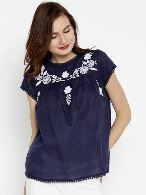 

SASSAFRAS Women Navy Embroidered Pure Cotton Top, Navy blue